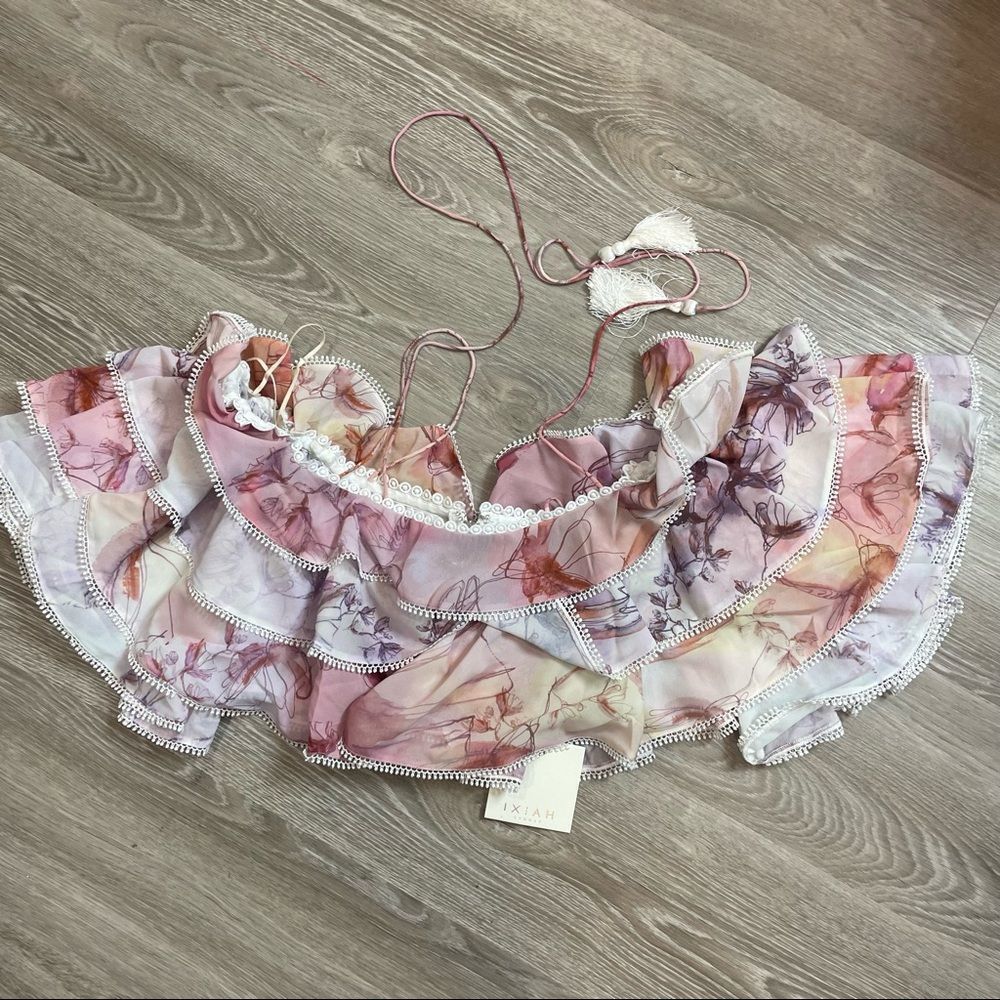 Floral Ruffle Off-Shoulder Crop Top - Pink Multi